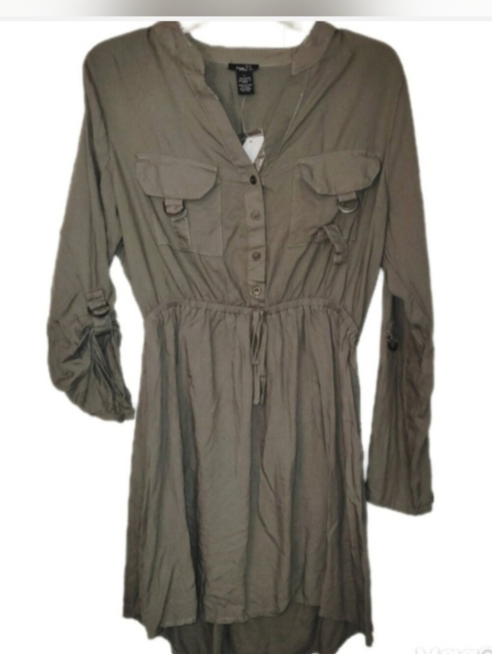 Rue 21 Olive Green Tunic Lightweight Button Roll Tab Collared Twill Lg Dress